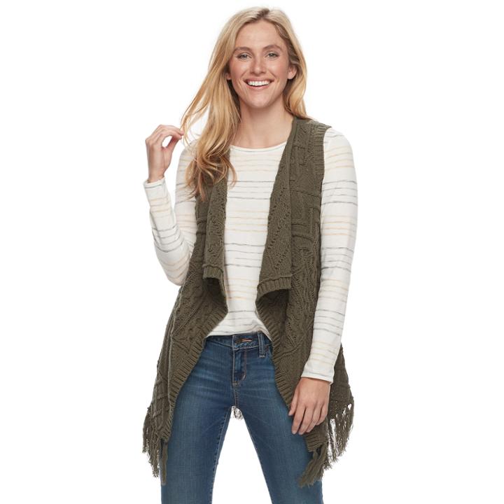 Petite Sonoma Goods For Life&trade; Cable Knit Fringe Vest, Women's, Size: L Petite, Green