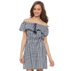 Juniors' So&reg; Gingham Ruffle Off The Shoulder Dress, Girl's, Size: Large, Blue (navy)