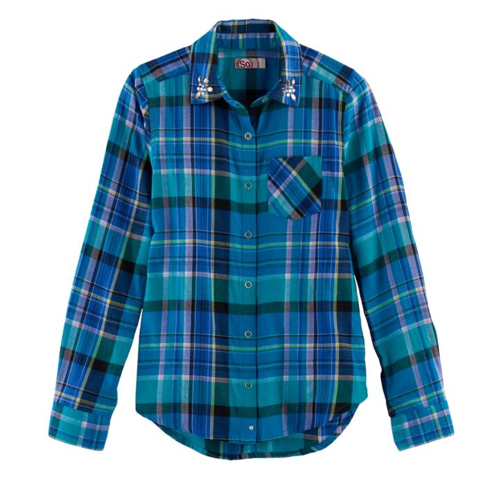 Girls 7-16 & Plus Size So&reg; Button-down Metallic Plaid Shirt, Size: 18 1/2, Turquoise/blue (turq/aqua)