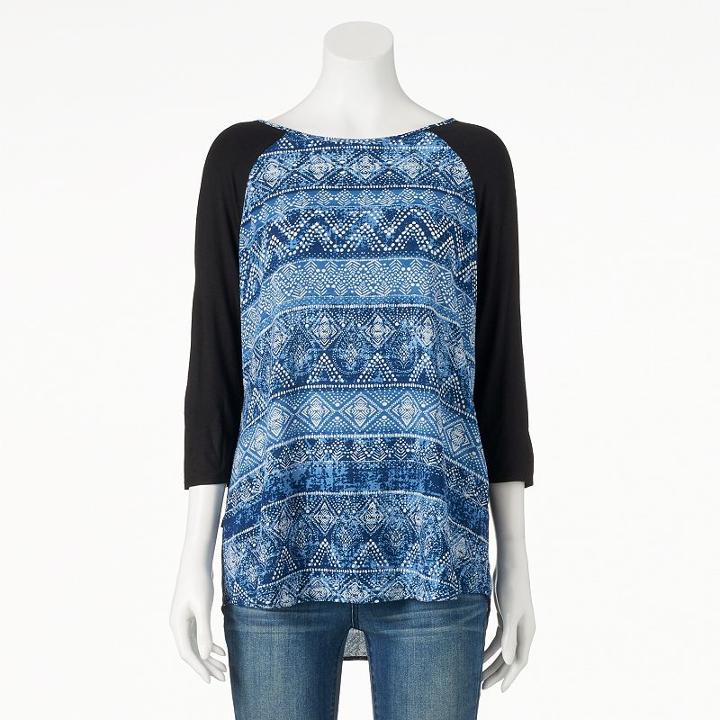 Women's Double Click Printed Mixed-media Tee, Size: Medium, Blue (navy)