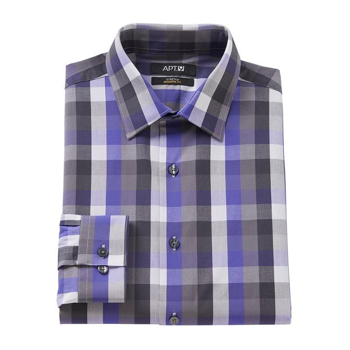 Men's Apt. 9&reg; Extra-slim Fit Gingham-checked Stretch Dress Shirt, Size: 17.5-32/33, Purple