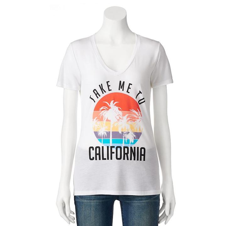 Juniors' Take Me To California V-neck Graphic Tee, Girl's, Size: Xl, White