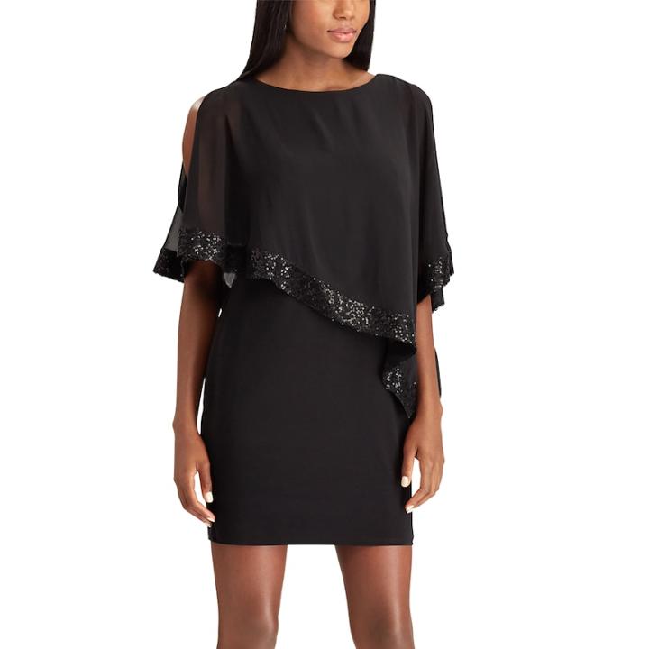 Women's Chaps Sequin Cold-shoulder Chiffon-overlay Evening Dress, Size: 6, Black