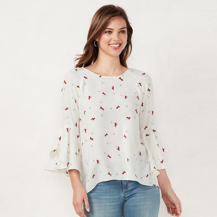 Women's Lc Lauren Conrad Ruffle Sleeve Split-back Top, Size: Large, White