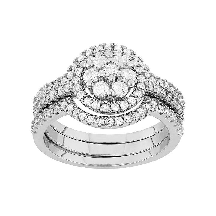 Sterling Silver Cubic Zirconia Cluster Halo Engagement Ring Set, Women's, Size: 5, White