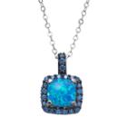 Sterling Silver Simulated Blue Opal Square Halo Pendant - Made With Swarovski Zirconia, Women's