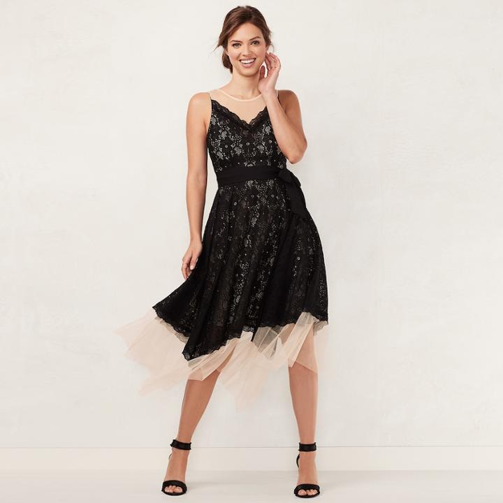 Women's Lc Lauren Conrad Lace Handkerchief Hem Midi Dress, Size: 8, Black