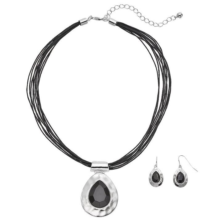 Plus Size Hammered Teardrop Necklace & Earring Set, Women's, Black