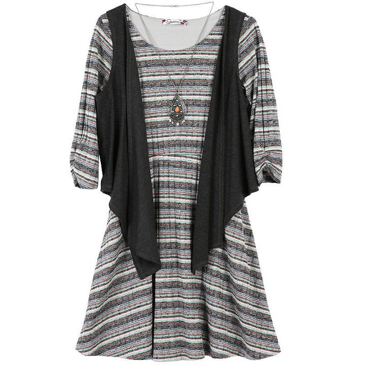 Girls 7-16 & Plus Size Speechless Vest & 3/4-sleeve Textured Stripe Dress Set With Necklace, Size: 16, Ovrfl Oth