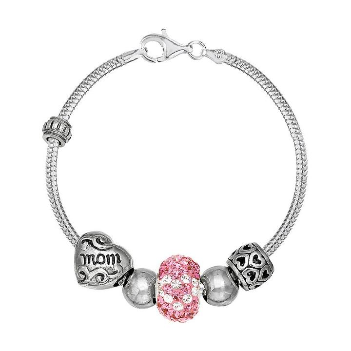 Individuality Beads Crystal Sterling Silver Mom Bead Snake Chain Bracelet, Women's, Size: 7.5, Pink