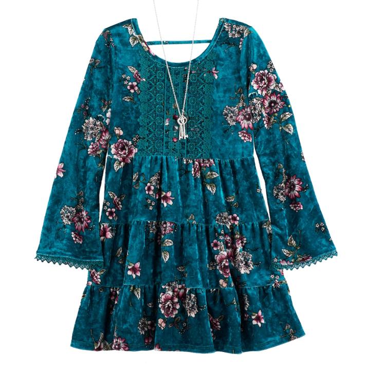 Girls 7-16 Knitworks Floral Crushed Velvet Tiered Dress & Necklace Set, Size: 16, Med Green