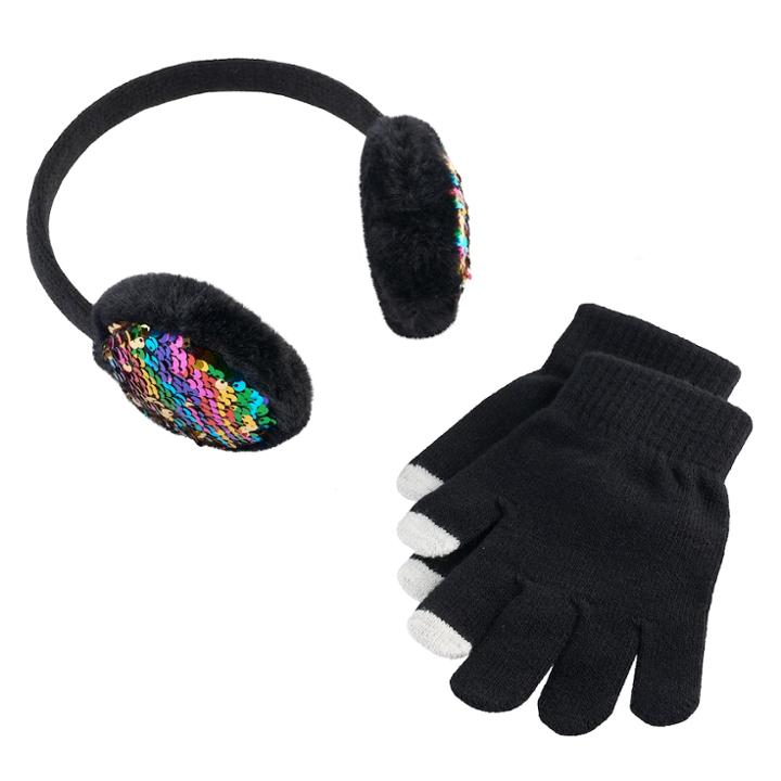 Girls 4-16 Sequin Earmuffs & Gloves Set, Black