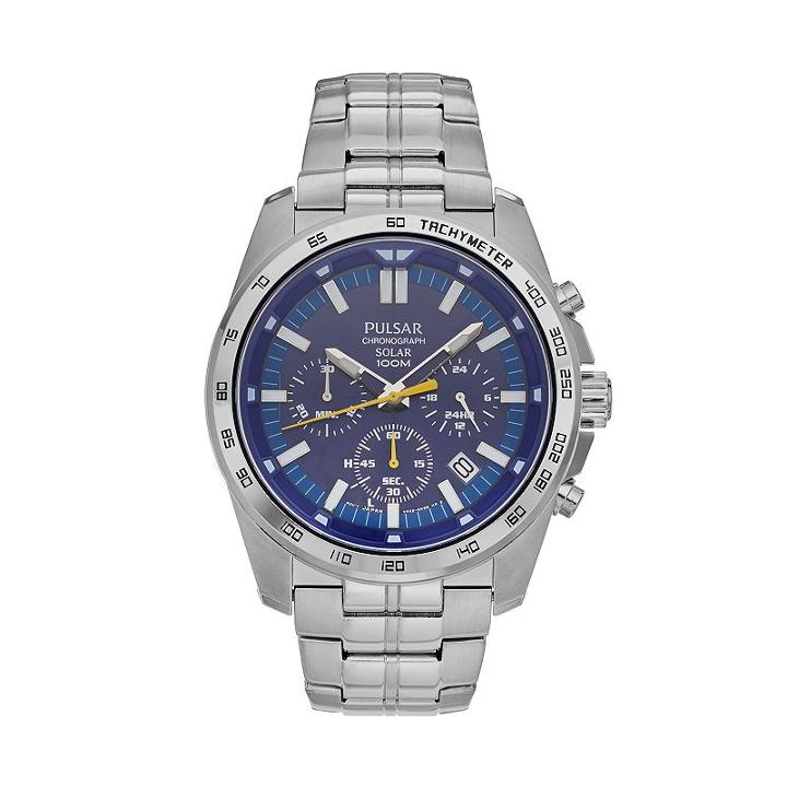 Pulsar Men's On The Go Stainless Steel Solar Chronograph Watch - Pz5001, Silver