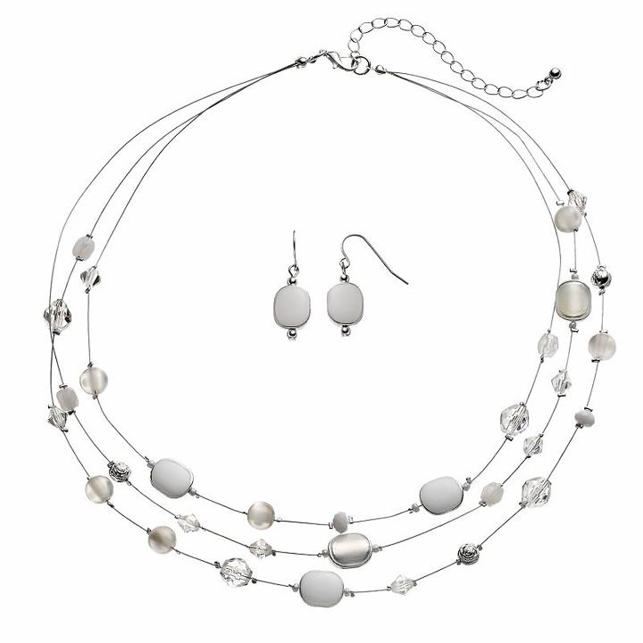 White Beaded Multi Strand Necklace & Drop Earring Set, Women's