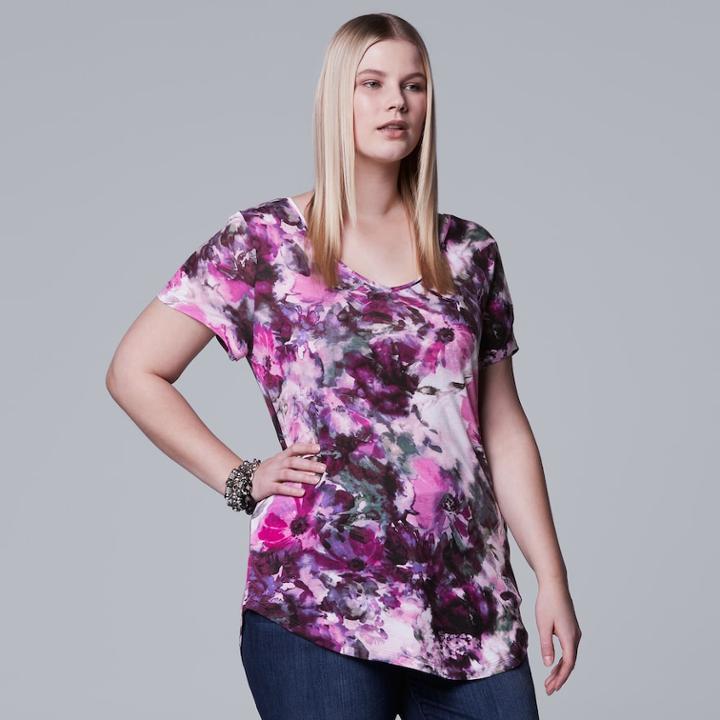 Plus Size Simply Vera Vera Wang Printed V-neck Tee, Women's, Size: 0x, Med Purple