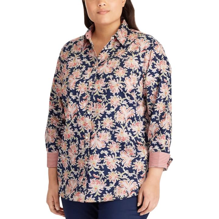 Plus Size Chaps No Iron Printed Sateen Shirt, Women's, Size: 1xl, Blue (navy)