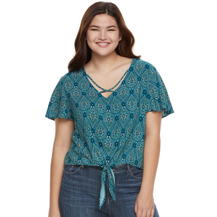 Juniors' Plus Size Mudd&reg; Print Tie-front Top, Girl's, Size: 3xl, White