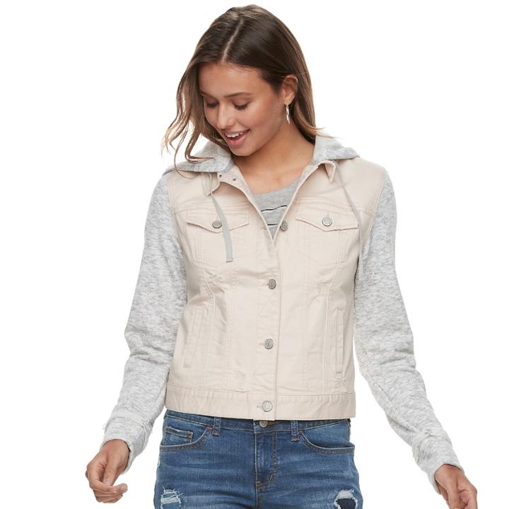 Juniors' Mudd&reg; Knit-sleeve Denim Jacket, Teens, Size: Medium, Light Pink
