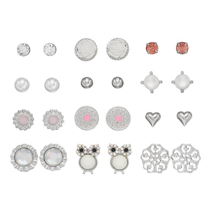 Mudd&reg; Flower, Heart & Owl Stud Earring Set, Girl's, White