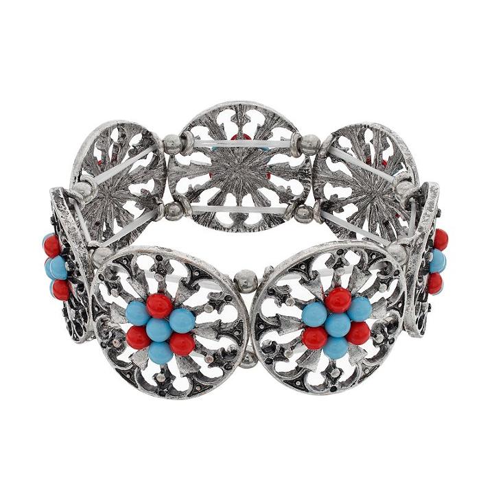 Antiqued Medallion Stretch Bracelet, Women's, Turq/aqua