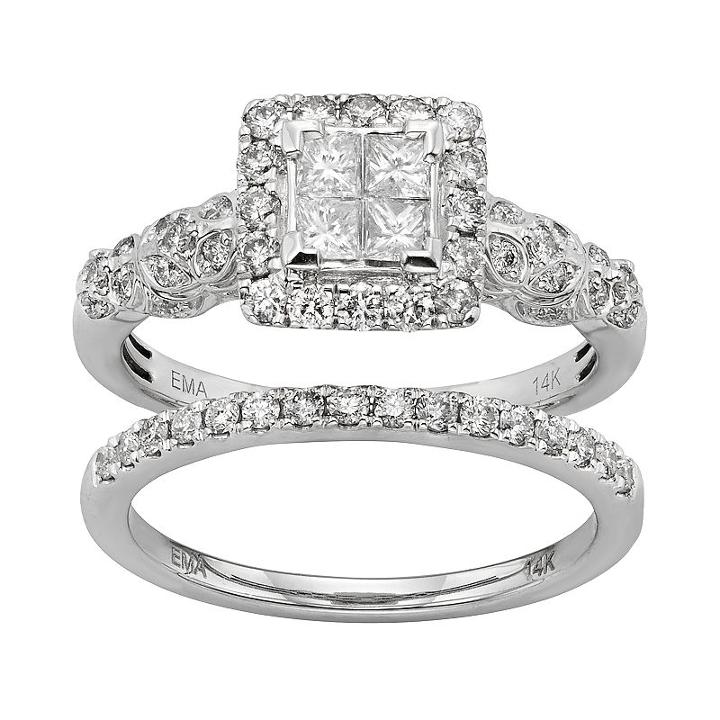 Igl Certified Diamond Square Halo Engagement Ring Set In 14k White Gold (1 Carat T.w.), Women's, Size: 6.50