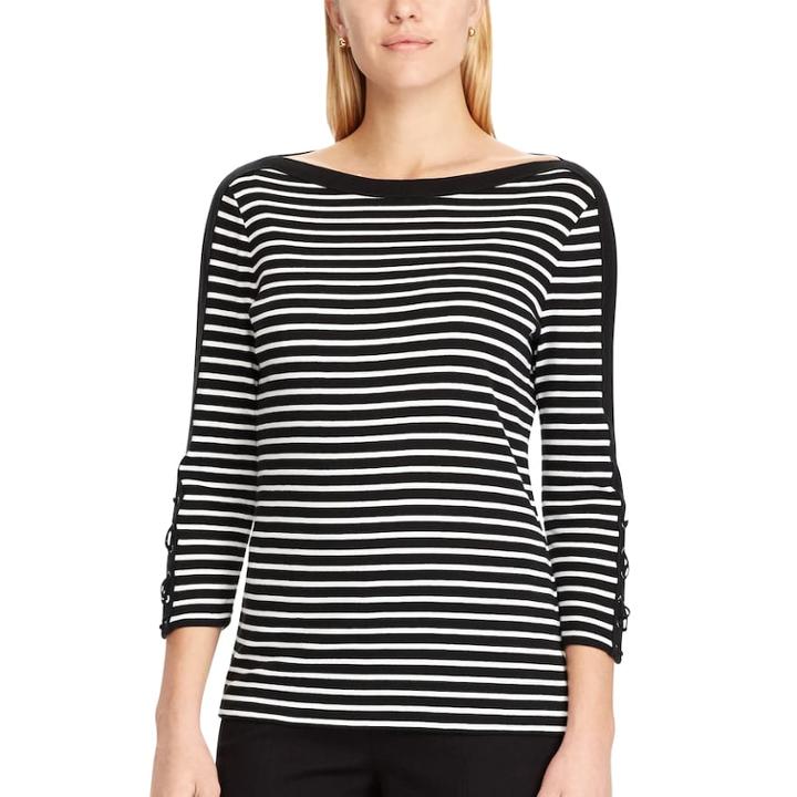 Petite Chaps Lace-up Sleeve Boatneck Top, Women's, Size: Xs Petite, Black