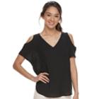 Juniors' Pink Republic Cold-shoulder V-neck Tee, Teens, Size: Medium, Black