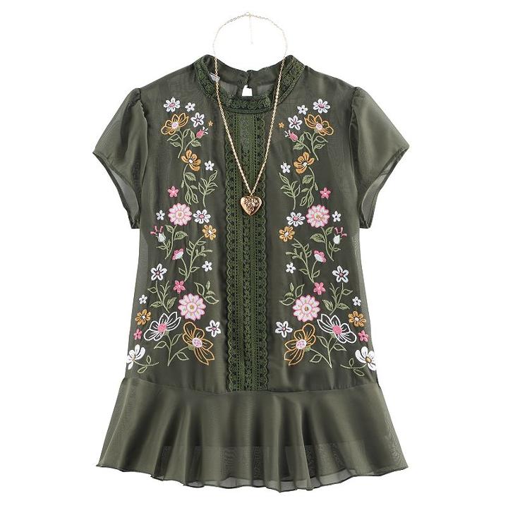 Girls 7-16 Miss Chievous Floral Embroidered Chiffon Top With Necklace, Girl's, Size: Medium, Med Green
