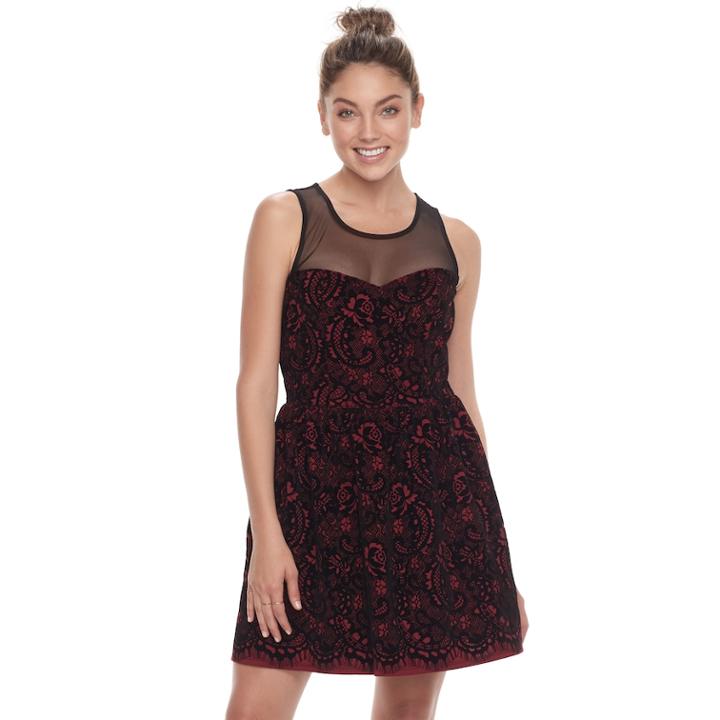 Juniors' Trixxi Illusion Yoke Flocked Skater Dress, Teens, Size: Medium, Light Red