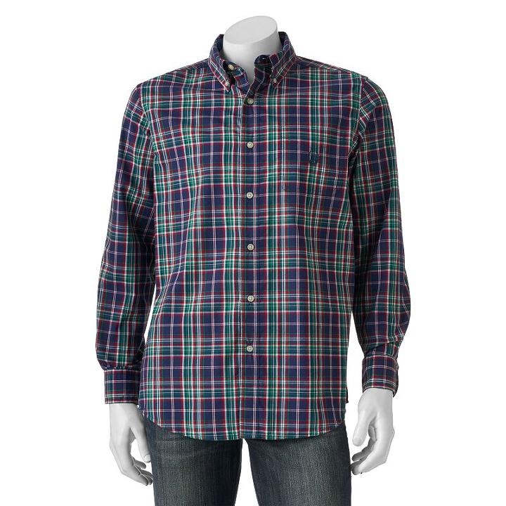 Men's Chaps Classic-fit Medium Beacon Plaid Button-down Shirt, Blue (navy)