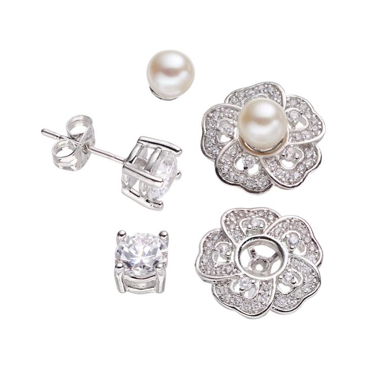 Silver-plated Cubic Zirconia And Freshwater Cultured Pearl Interchangeable Flower Jacket And Stud Earring Set, Women's, White