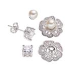 Silver-plated Cubic Zirconia And Freshwater Cultured Pearl Interchangeable Flower Jacket And Stud Earring Set, Women's, White