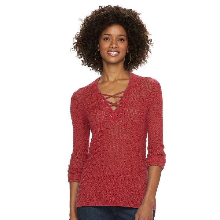 Women's Chaps Lace-up Textured Sweater, Size: Medium, Red