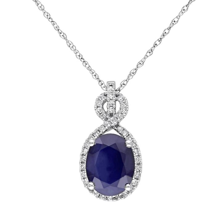 Stella Grace 10k White Gold Sapphire & 1/6 Carat T.w. Diamond Oval Pendant Necklace, Women's, Size: 17, Blue