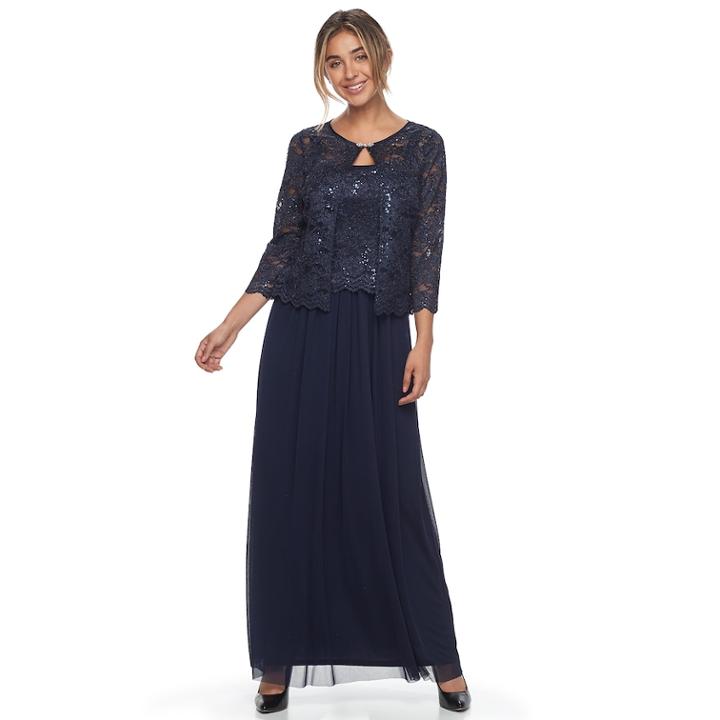 Women's Jessica Howard Glitter Lace Evening Gown & Jacket Set, Size: 12, Blue (navy)