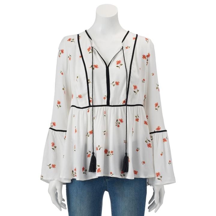 Women's Lc Lauren Conrad Floral Velvet Trim Peasant Top, Size: Xl, White