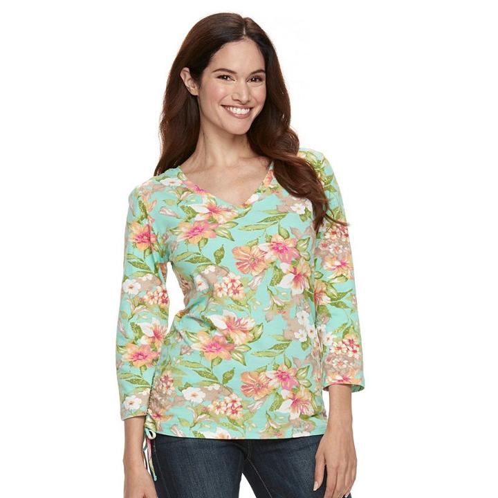 Women's Caribbean Joe Floral Print Top, Size: Xl, Turquoise/blue (turq/aqua)