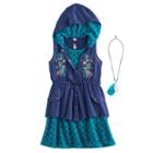 Girls 7-16 Knitworks Hooded Vest & Chevron Lace Shift Dress Set With Necklace, Size: 12, Blue (navy)