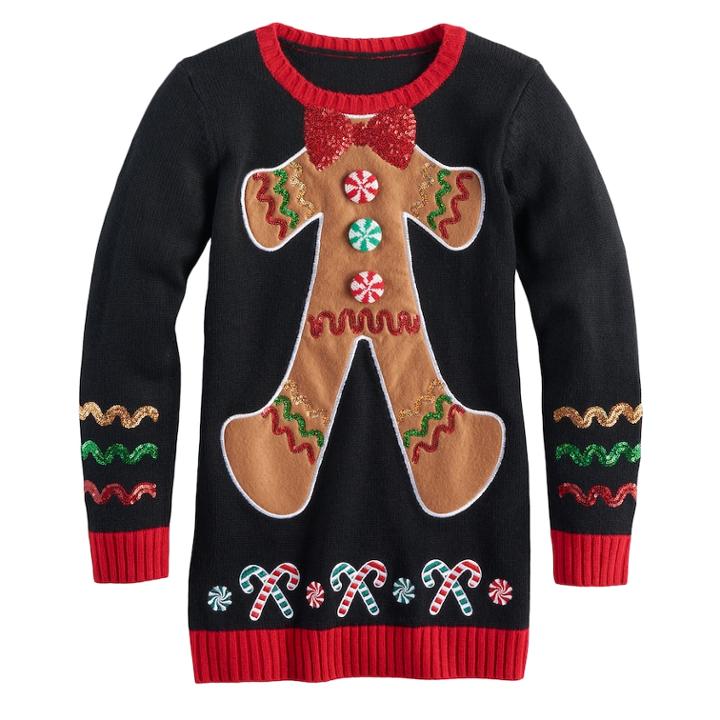 Girls 7-16 & Plus Size It's Our Time Embellished Ugly Christmas Tunic Sweater, Size: L Plus, Black Gingerbread Man