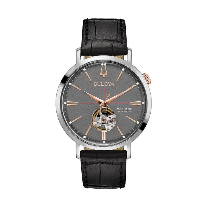 Bulova Men's Classic Leather Automatic Skeleton Watch - 98a187, Size: Large, Black