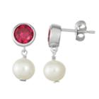 Sterling Silver Lab-created Red Sapphire & Freshwater Cultured Pearl Drop Earrings, Women's