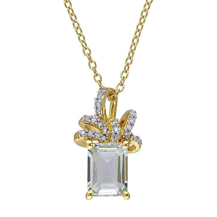 Laura Ashley Sterling Silver Green Quartz & 1/10 Carat T.w. Diamond Bow Pendant, Women's, Size: 18
