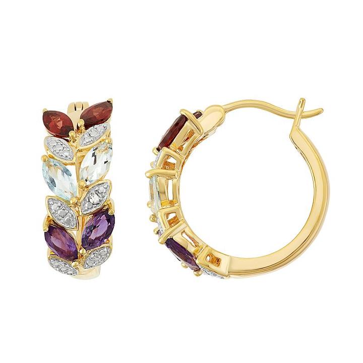 18k Gold Over Silver Gemstone Leaf Hoop Earrings, Women's, Multicolor