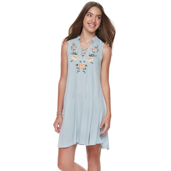 Juniors' Living Doll Lace-up Floral Swing Dress, Teens, Size: Large, Blue