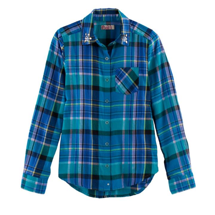 Girls 7-16 & Plus Size So&reg; Button-down Metallic Plaid Shirt, Size: 20 1/2, Turquoise/blue (turq/aqua)