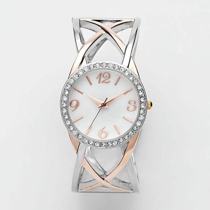 Studio Time Two Tone Simulated Crystal Crisscross Bangle Watch - Std1016t - Women, Size: Medium, Multicolor