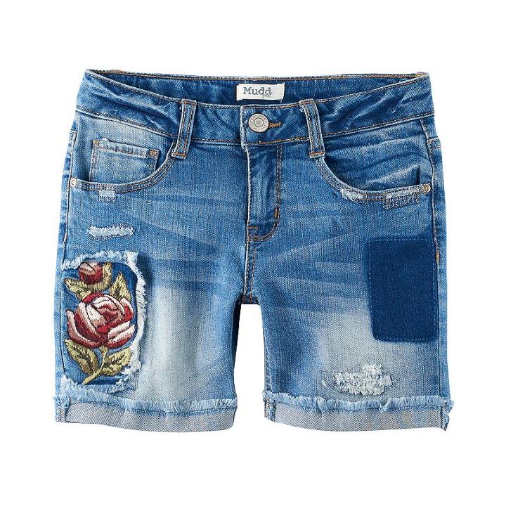 Girls 7-16 & Plus Size Mudd&reg; Embroidered Flower Midi Jean Shorts, Size: 8, Med Blue