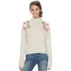 Juniors' Cloud Chaser Embroidered Floral Mockneck Sweater, Teens, Size: Xs, Beig/green (beig/khaki)