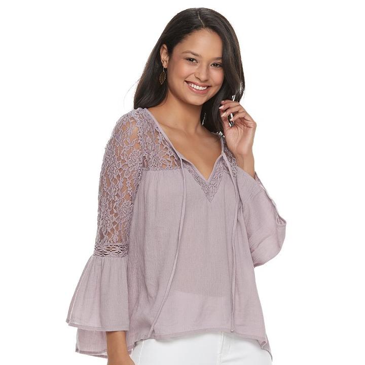 Juniors' Mudd&reg; Lace Sleeve Peasant Top, Teens, Size: Large, Purple