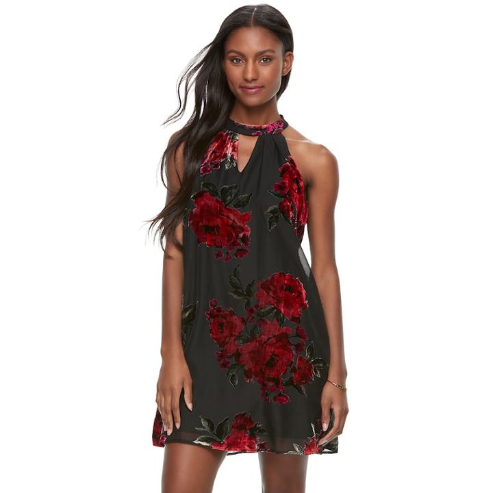 Juniors' Lily Rose Floral Choker Neck Halter Dress, Teens, Size: Medium, Med Red